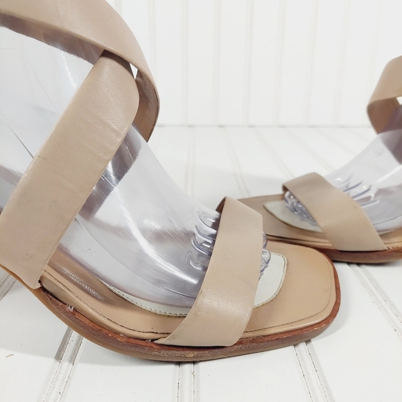 Nicole Fracture Tan Leather Block Wood Heel Back Zipper Strappy Sandals Y2k A674 - Picture 9 of 13